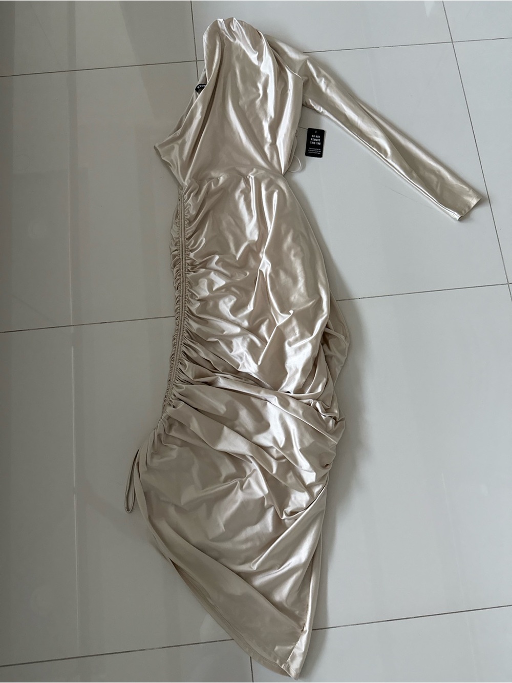 Express One-Shoulder Ruched Satin Dress in Cream